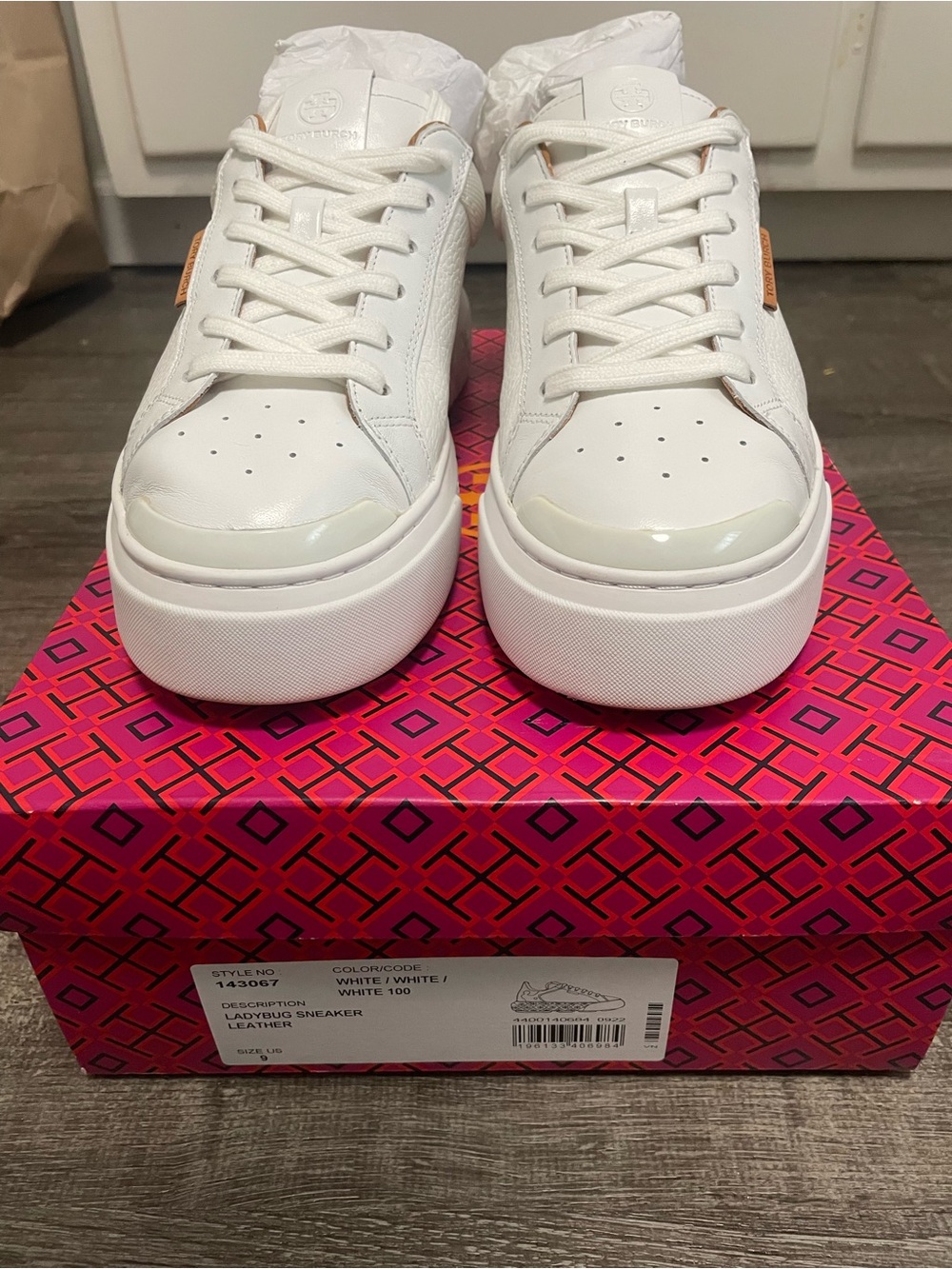 Tory Burch Ladybug White Leather Lace-Up Sneakers with Tan Accents - Picture 2 of 5